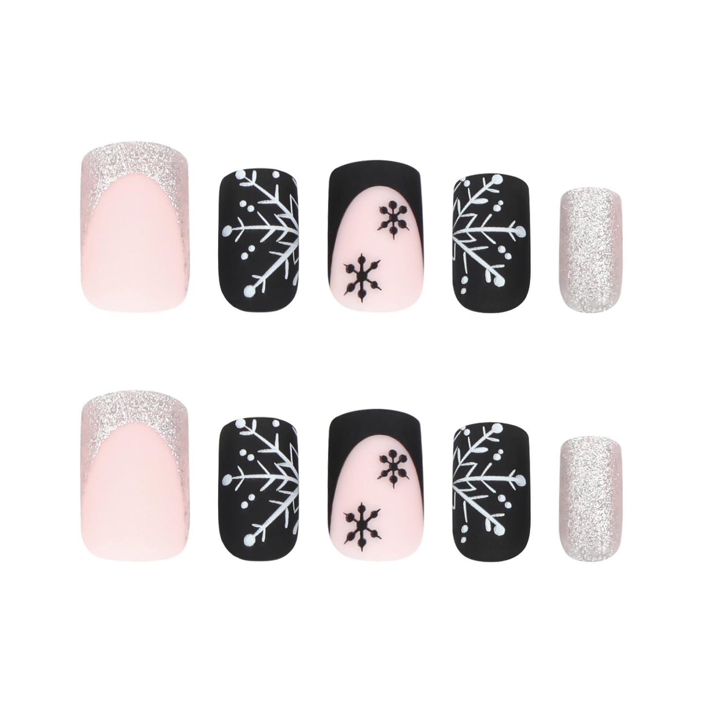 Snowflake Press on Nails Medium Square Fake Nails Black French Tip Nails Press ons Silver Glitter Acrylic Nails Short Stick on Nails Snowflake Glue on Nails for Women Girls 24Pcs