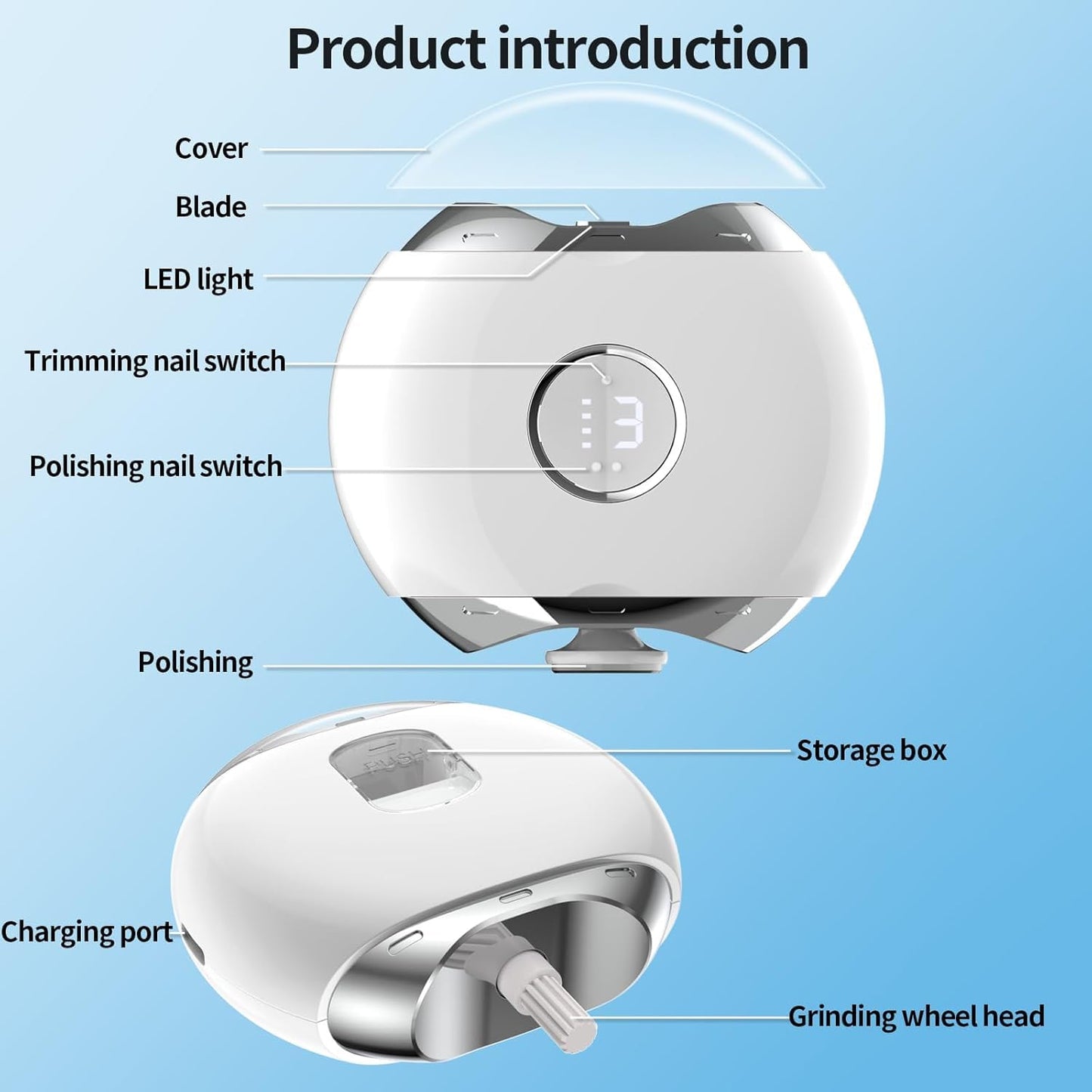 Electric Nail Clipper with LED Light 3 Speeds, Fingernail Cutter and Polisher and Exfoliating 3 in 1 Design, Nail Scraps Storage Rechargeable Safety Fingernail Trimmer