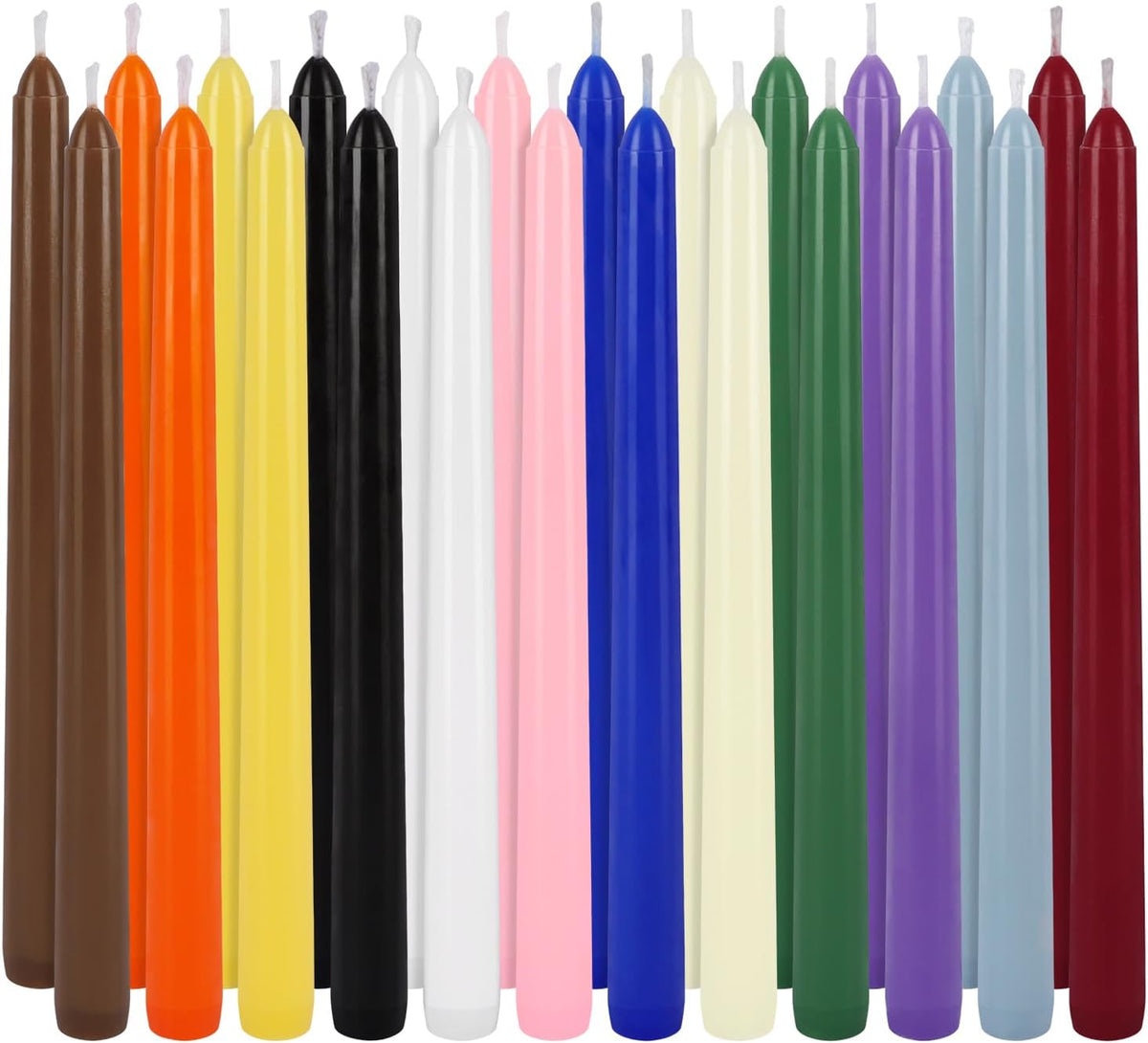 24 Pack 10" Tall Colored Taper Candles, Dripless Unscented Colorful Candlesticks for Birthdays Dinner Party Home Décor, Long Burning Spell Chime Candles for Witchcraft Ritual Prayer Meditation