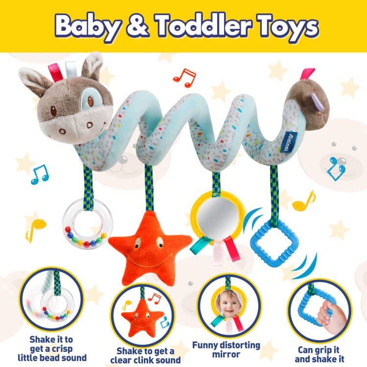 GKDOMS Baby Car Seat Toys Activity Stroller Toy for Boys Girls 0 3 6 9 10 12 Months, Spiral Hanging Plush Toys, Baby Shower Thank You Gifts