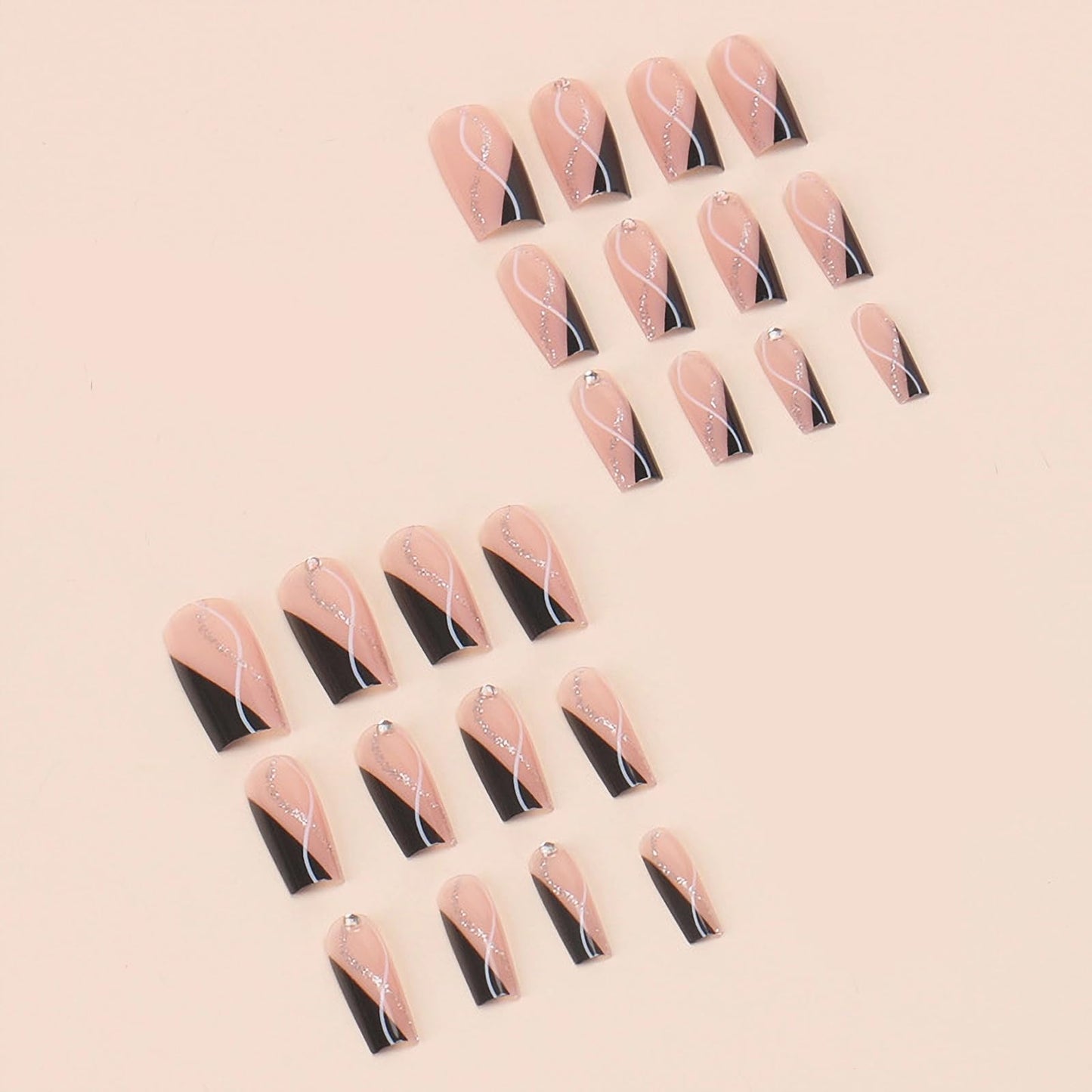 MISUD Press on Nails - Long Square Fake Nails with Black French Tip, Acrylic Bling Glitter Rhinestone Design 24 pcs