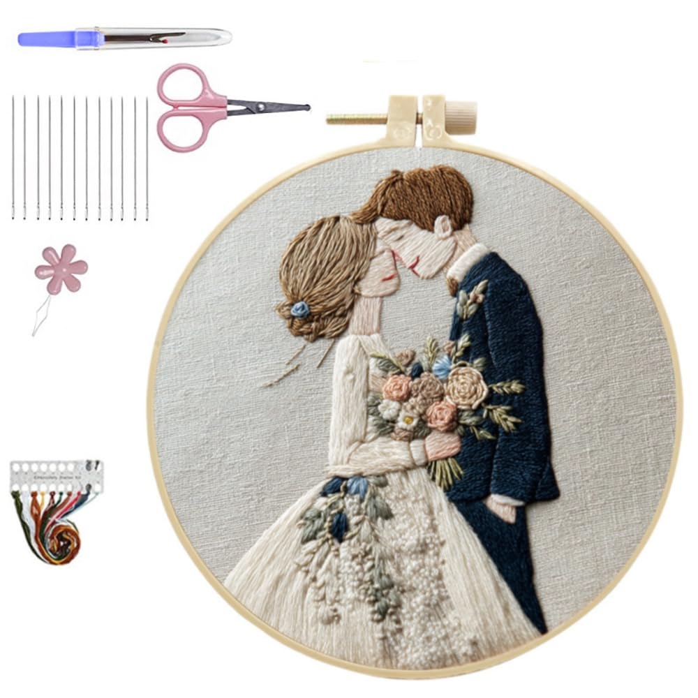 HCANPER Sweet Couple Embroidery Starter Kit, Valentine's Day Gifts，DIY Needle Punch Kit, Punch Needle Kits for Beginners,Include Pre-Printed Fabric,Tools,Embroidery Hoop,Threads. (Four)