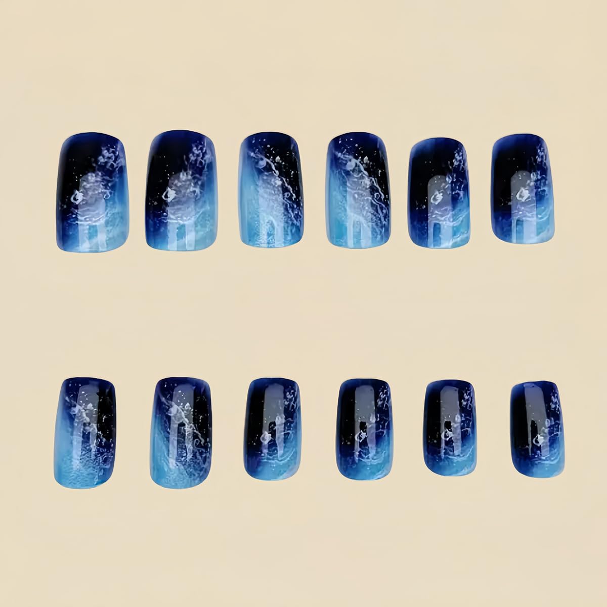24Pcs Ocean Blue Fake Nails Short Medium Square Press on Nails with Dark Blue Gradient Designs Waves Nail Press ons Glossy Full Cover Glue on Nails Reusable Stick on Nail for Women Manicure