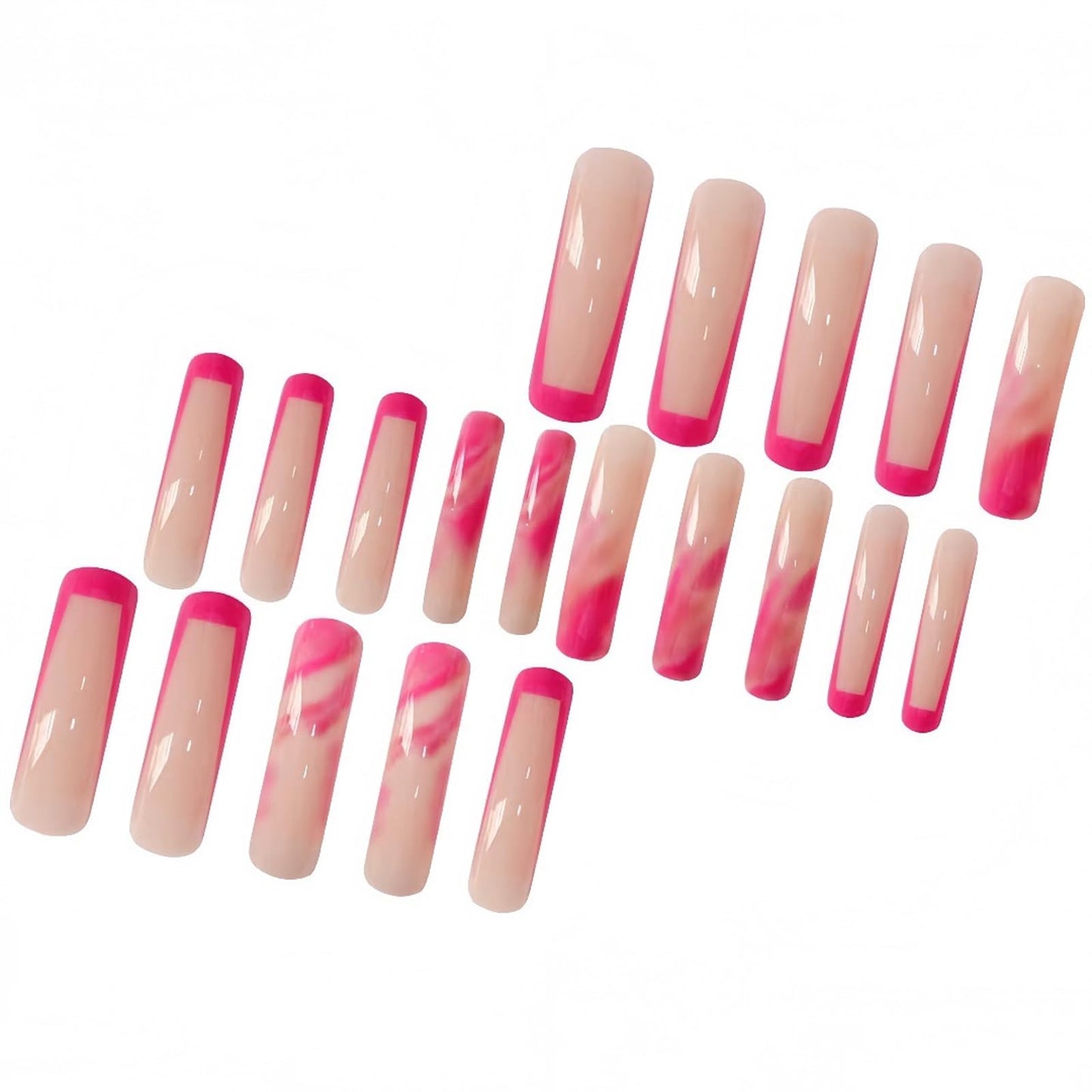 IMSOHOT Curved Press on Nails Pink French Tips Fake Nails Extra Long Glue on Nails Full Cover Glossy Acrylic False Nails for Women 20Pcs