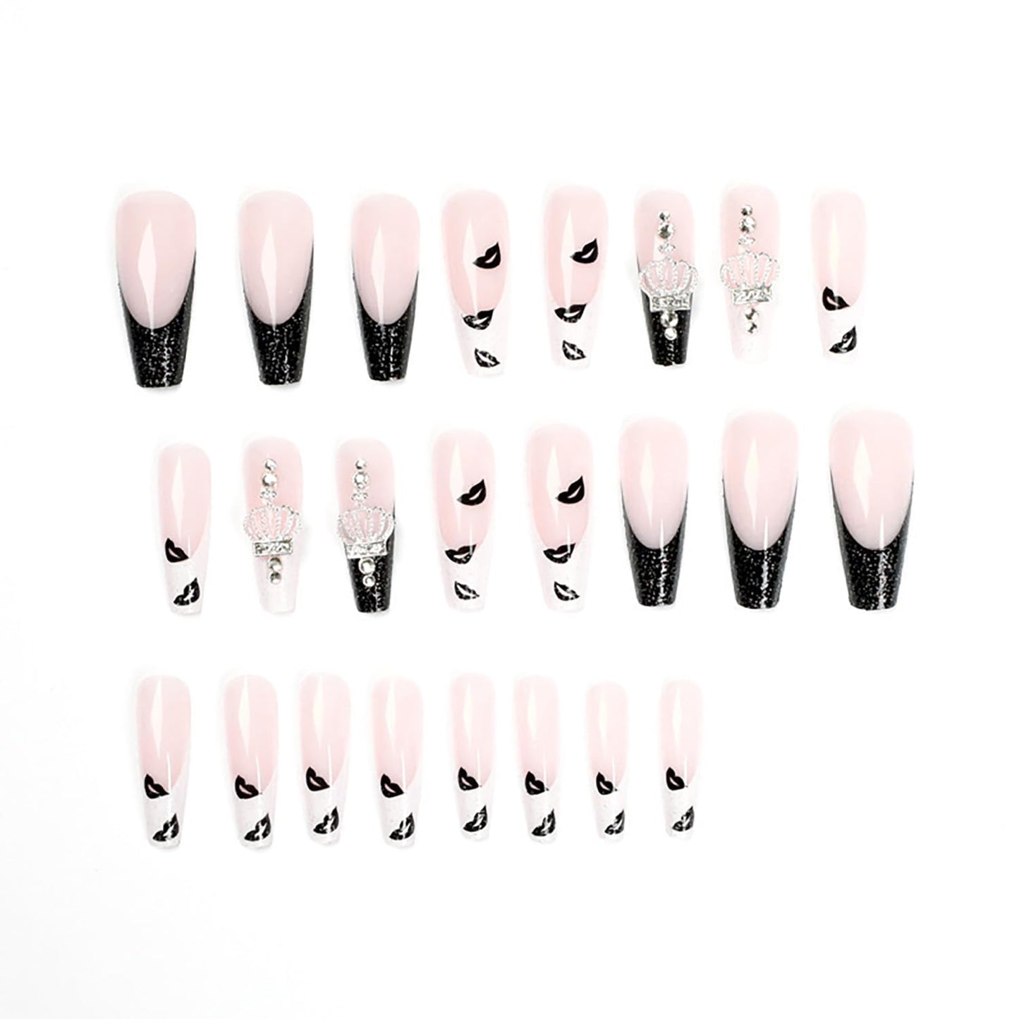 Vezocim French Tips Press on Nails Coffin Long Glossy Full Cover Acrylic Square Fake Nails with Crown Gems Designs Extra Long Artificial False Nails Glue Stick on Fingernails with Charm for Women