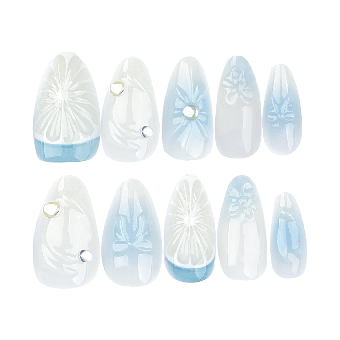 3D Summer Blue Press On Nails, Medium Almond Shape, 24pcs Fake Nails with Glue, Lemon Flower Bow Design, Pearl Gel Details, Reusable Acrylic Nails for Women