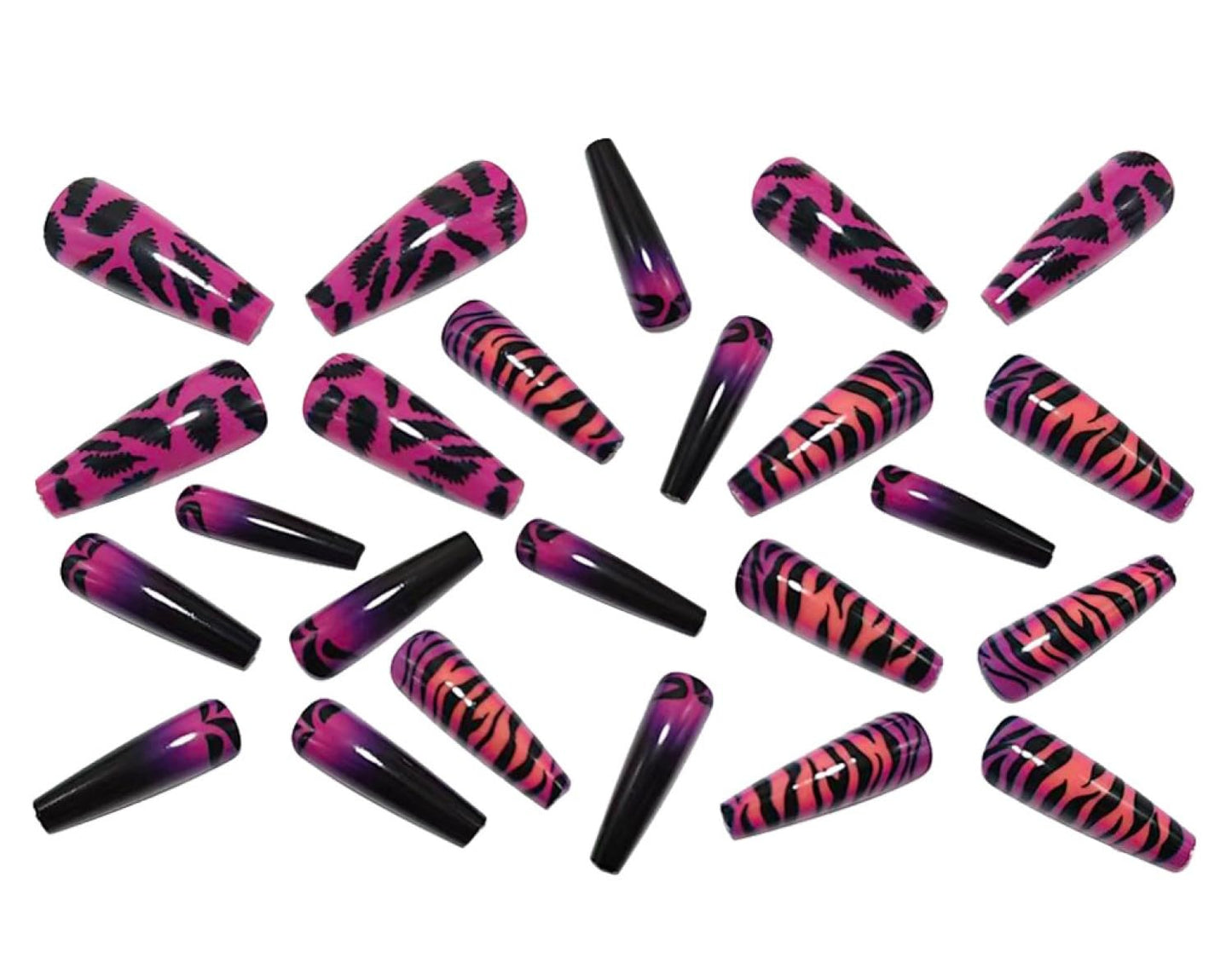 Chunmeng 24PCS Long Press on Nails, Purple Pink Tiger Pattern Acrylic False Nails, Cute Reusable Artificial Nails for Women & Girls