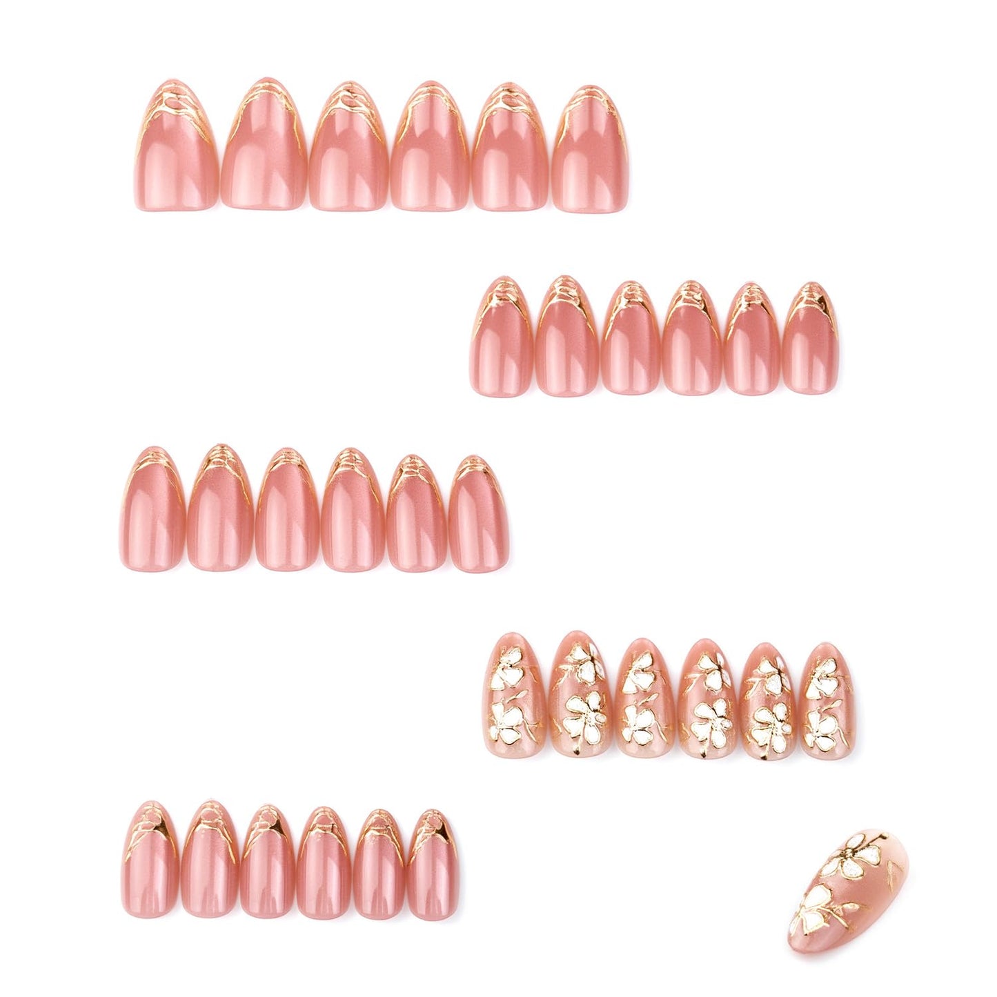 30Pcs Pink Glitter Press On Nails Almond Medium Fake Nails With Irregular Gold French Line Design Nail Press Ons Flower False Nails Glossy Spring Glue On Nails For Women Girls