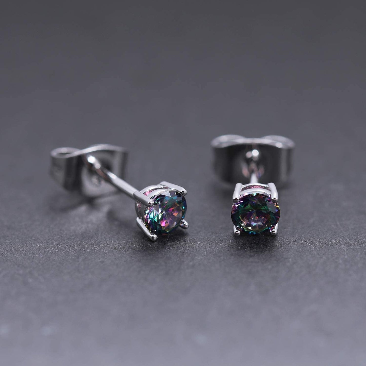 Created Rainbow Quartz Mystic Topaz 4mm Round Small Studs Ear Piercings Earrings 18K White Gold Plated CZ Stud Earingings Women Mens