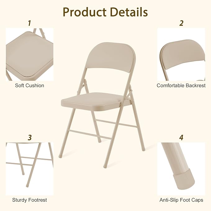 Khaki Folding Chairs 50 Pack with Comfortable Cushion and Back, 330LBS Capacity, Portable & Foldable Indoor Outdoor Chairs with Durable Metal Frame for Office Party Events Kitchen Dinning Wedding