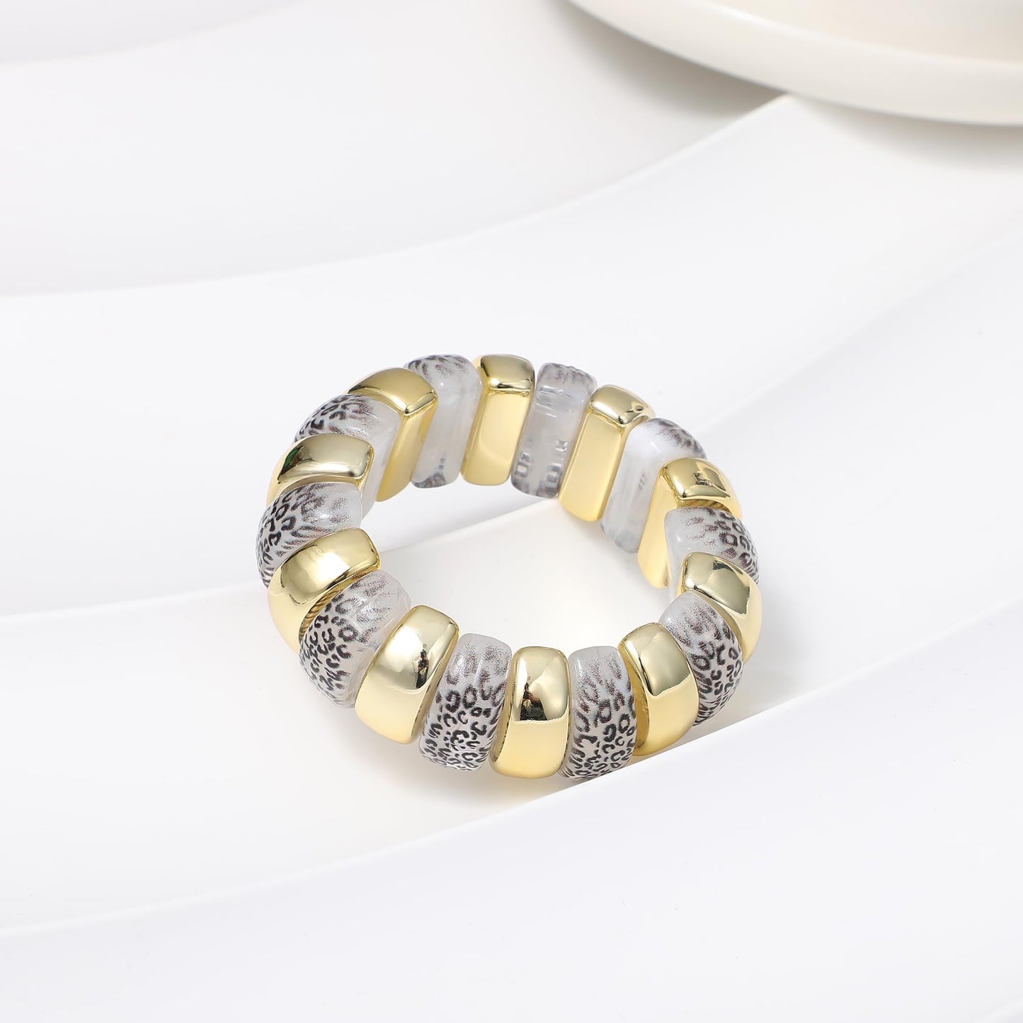 GOOJIDS Leopard Beaded Gold Plated Bangles Bracelet Chunky Bamboo Tube Curved Stacking Clear Acrylic Colorful Beads Stretchable Plated Bracelets Set For Women