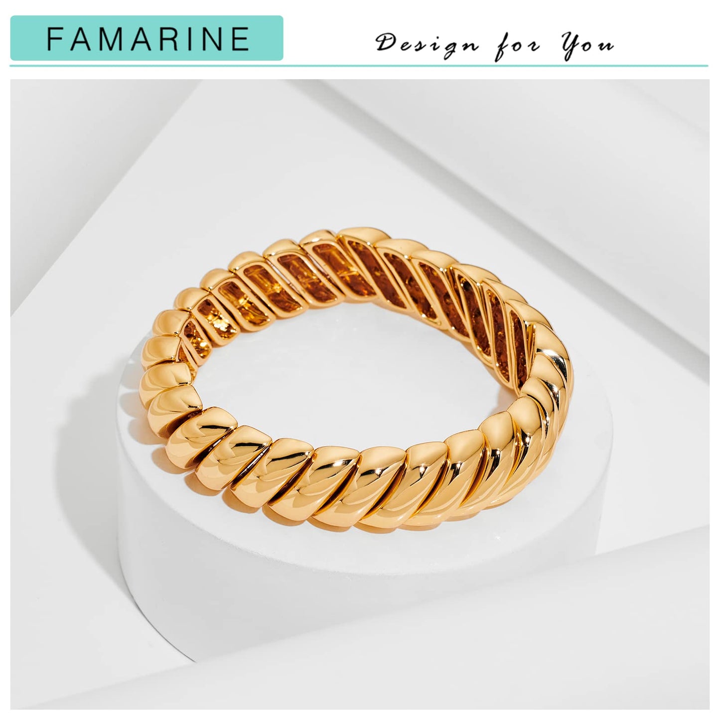 FAMARINE 14K Gold Plated Chunky Bangle Bracelet, Stretchable Elastic Bracelet for Women Men