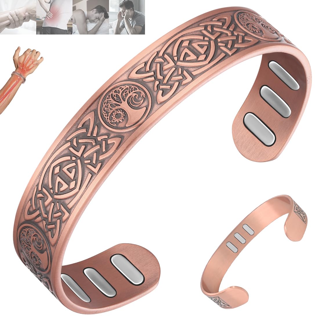 Vicmag Copper Bracelet for Men 9X Strength Magnetic 99% Pure Copper with 5000 Gauss Magnets, Tree of Life Present Box Adjustable(Celtic & Sun Moon Tree)
