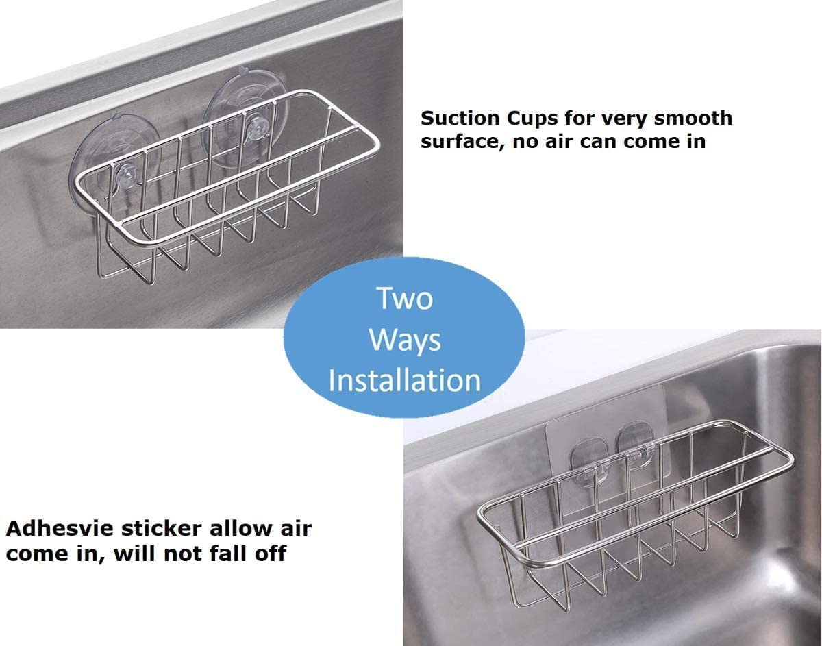 TESOT Sink Caddy Sponge Holder for Kitchen Sink Dish Cloth Hanger 2 Suspension Options(Suction Cups and Adhesive Hook), SUS304 Stainless Steel, Silver