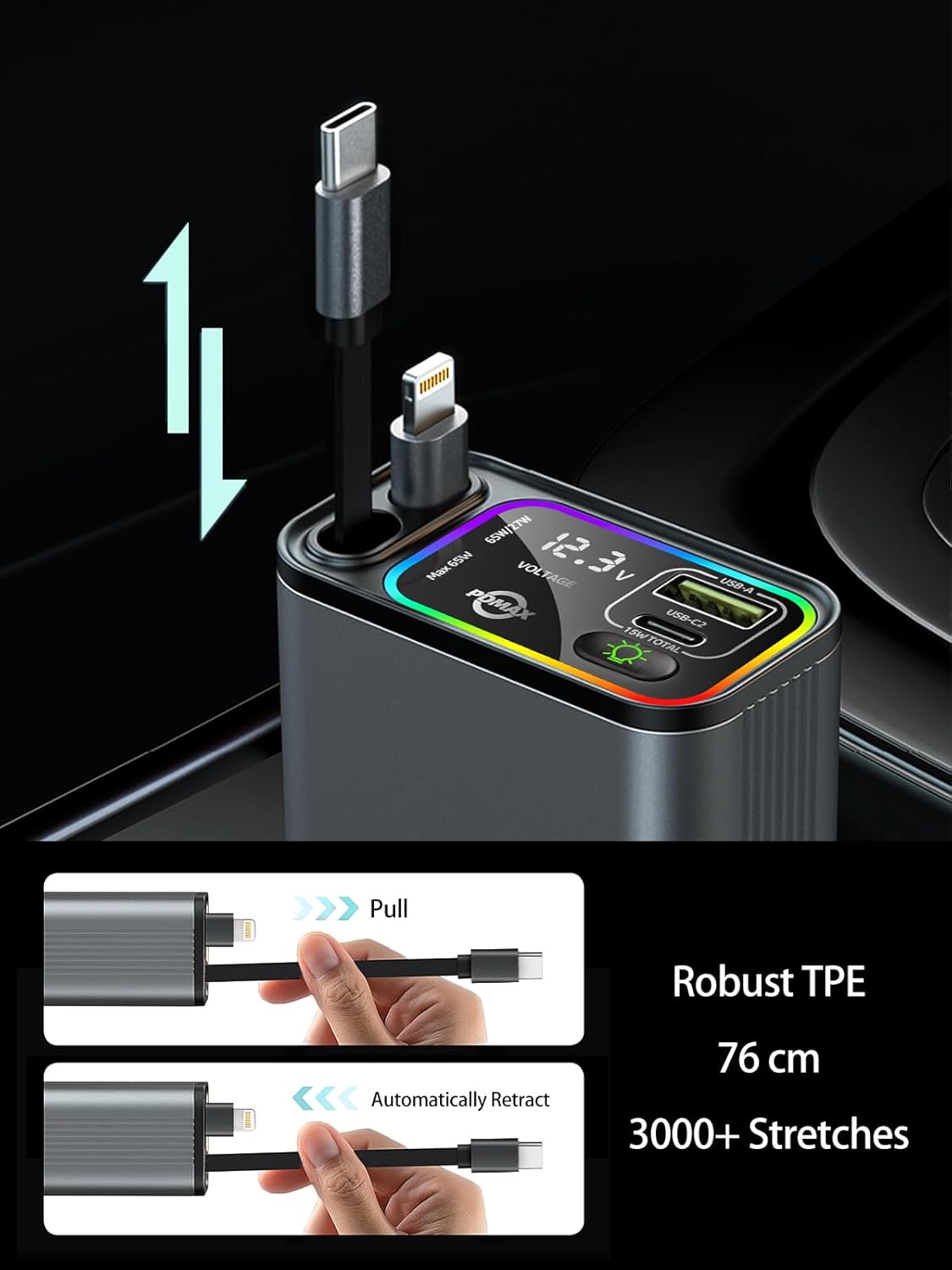 Retractable Car Charger USB C,107W Type C Car Charger Fast Charging with Dual Retractable Cable and USB Ports, Compatible with iPhone 16/15/14/13,S25/24/23/22, Pixel 9/8/7