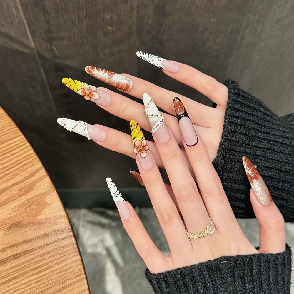 Handmade Press on Nails Long Stiletto Fake Nails French Tip Leopard False Nail with 3D Flower Brown Fall Artificial Nail for Women 10pcs (Size M）