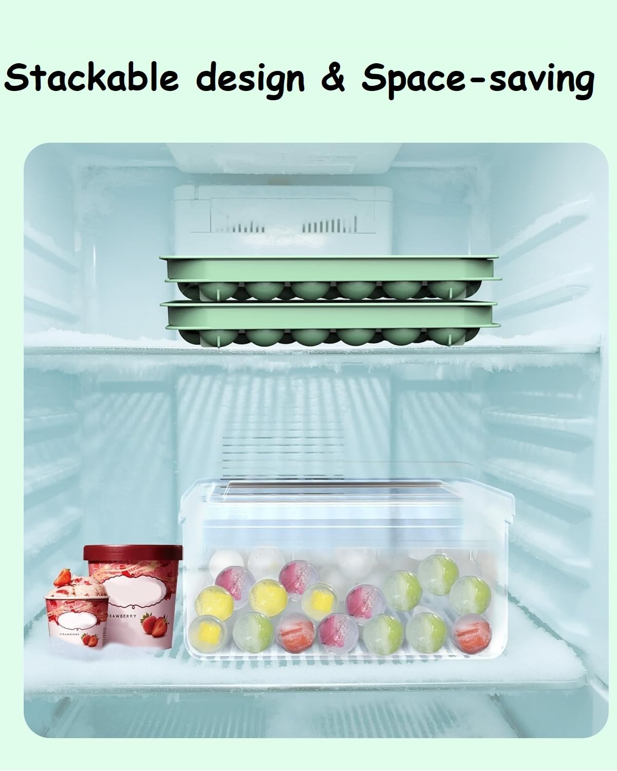 Mini Ice CubeTray with Lid & Storage Bin - 64 Pcs 0.75 Inch Small Sphere Ice Cube Mold Maker, BPA-Free Easy Release Silicone Base, Stackable Ice Trays for Freezer for Cocktails, Coffee