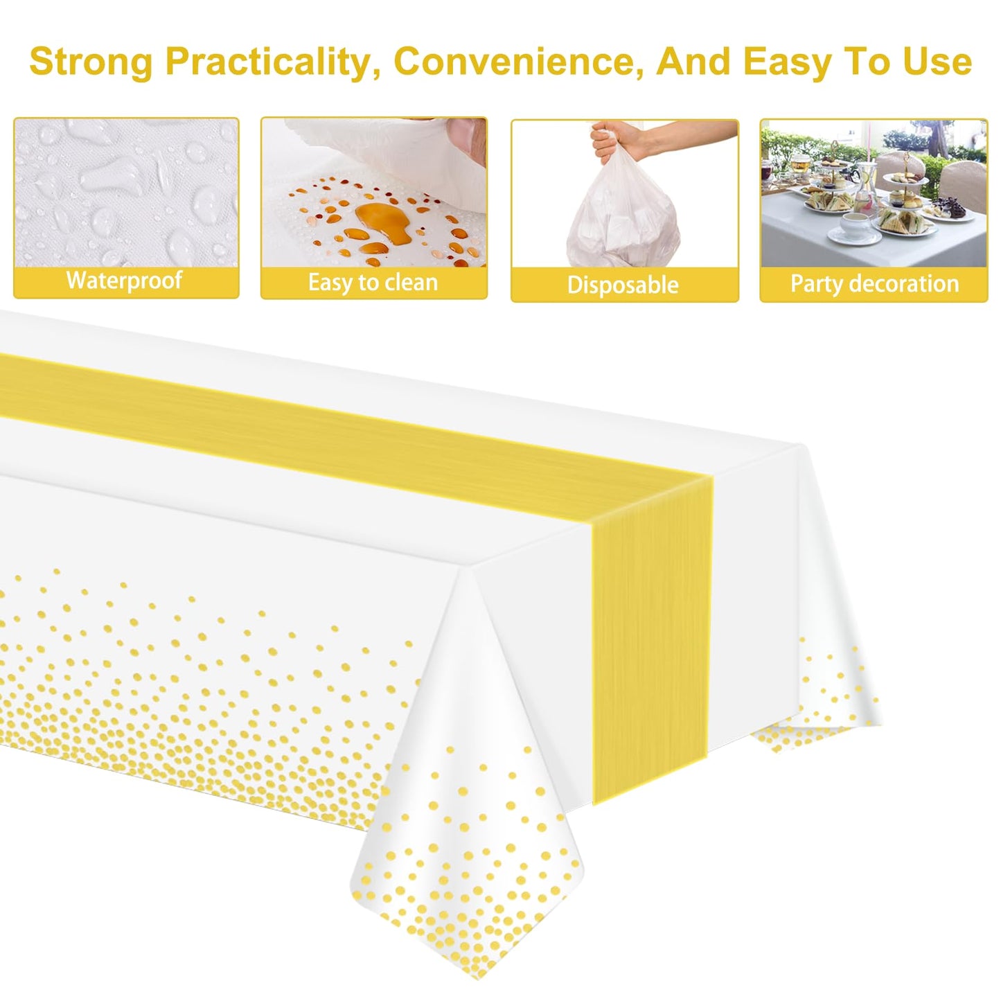 Barafat 12 Pack White Gold Tablecloth and Table Runner Set Party Decorations, White and Gold Plastic Disposable Tablecloth and Satin Table Runner for Wedding Birthday Party (White and Gold)