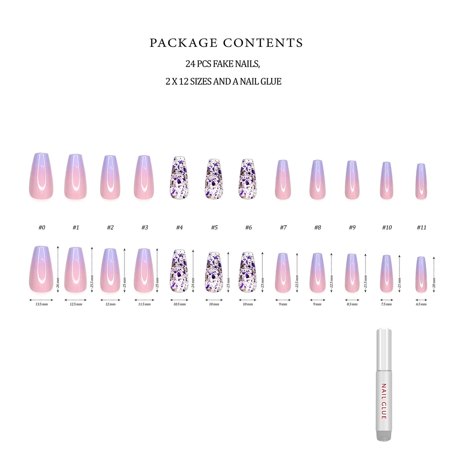 Hypnaughty Rio 24pcs Long Coffin Press-on Nails, Pink to Purple Ombre with Transparent Gold Design, ABS Material, Full Set with Glue