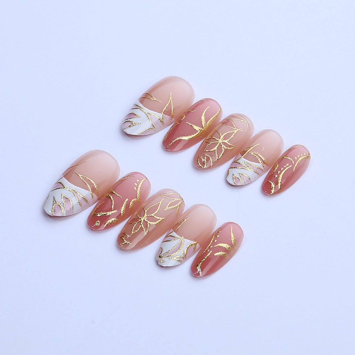 RUOKEXIN 30Pcs Almond Press on Nails Medium Length Fake Nails Gold Sparkly False Nails with Flower Designs French Tip Nail Press ons Glossy Artificial Nails for Women