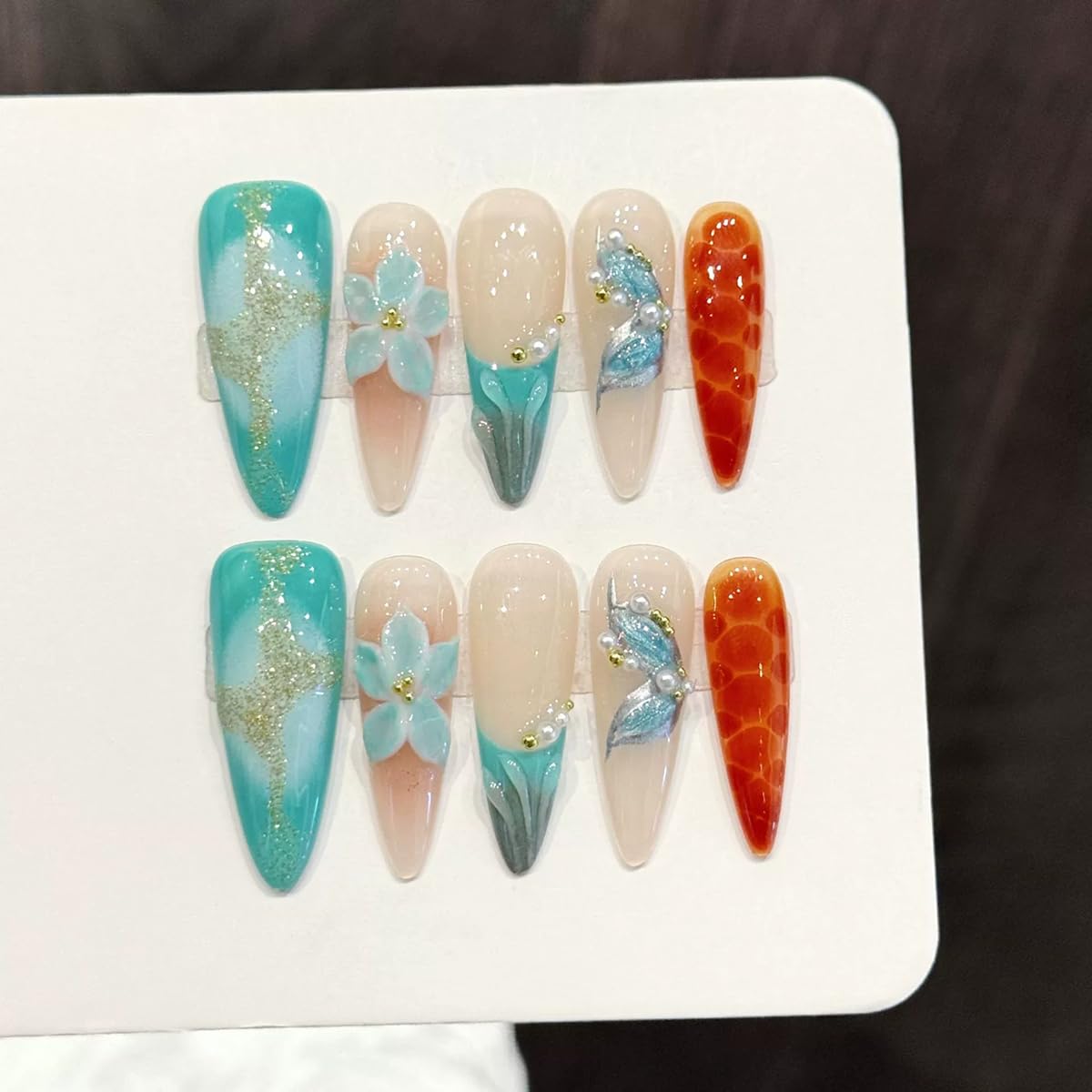 Handmade Press on Nails Long Stiletto False Nails Blue French Tip Fake Nails with 3D Blue Flower Designs Glitter Charm luxury Artificial Nails for Women (Size M）10pcs
