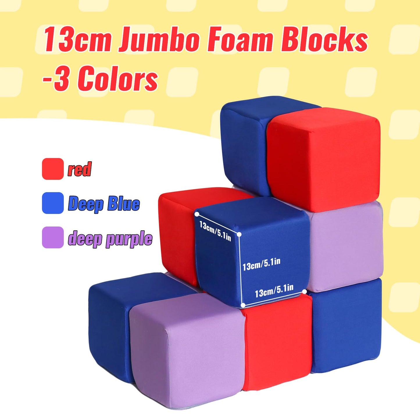 COZYTRAUM 12-Pack 5 Inch Foam Cubes, Soft Play Pit Fillers for Indoor Games, Trampoline & Rock Climbing Mats - 3 Colors (Blue/Red/Purple)...