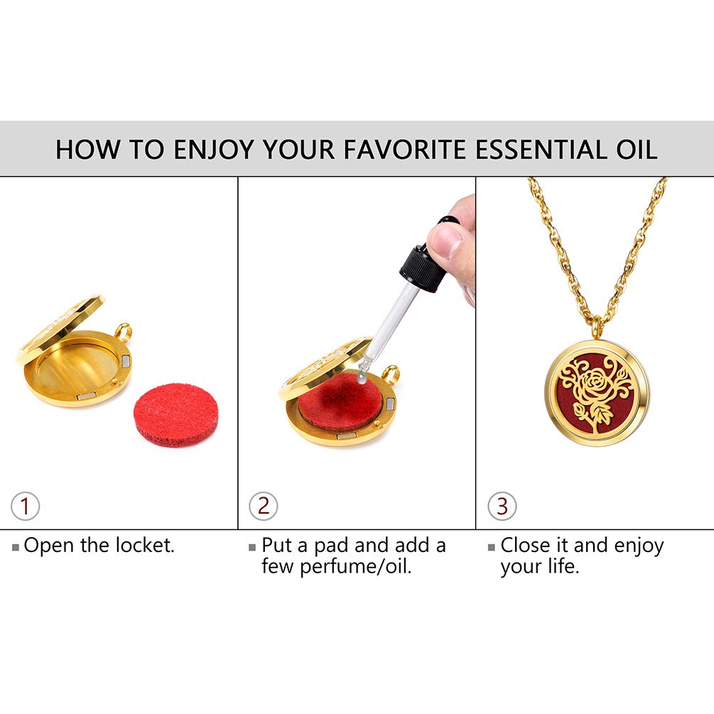 PROSTEEL Personalized Customize Diffuser Aromatherapy Necklace,Perfume Locket Pendant Charm,Delicate Rose Flower Women Jewelry,18K Gold Plated