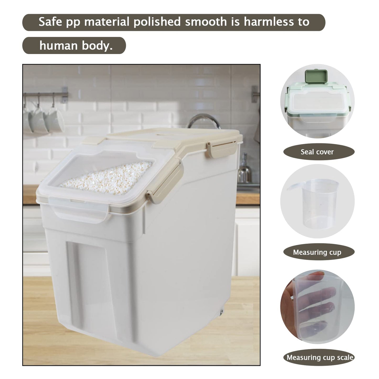 Qiveno Large Flour Storage Container Bin 25lb, 2Pack Airtight Rice Storage Containers with Wheels Seal Locking Lid, BPA Free with Measuring Cup&Scoop for Flour, Rice, Grain(Gray)