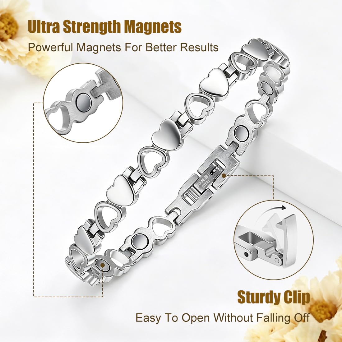 Vicmag Magnetic Bracelet for Women, Titanium Steel Bracelet with Ultra Strength Magnets, Waterproof & Adjustable, Jewelry Gift with Sizing Tool(Silver Heart)