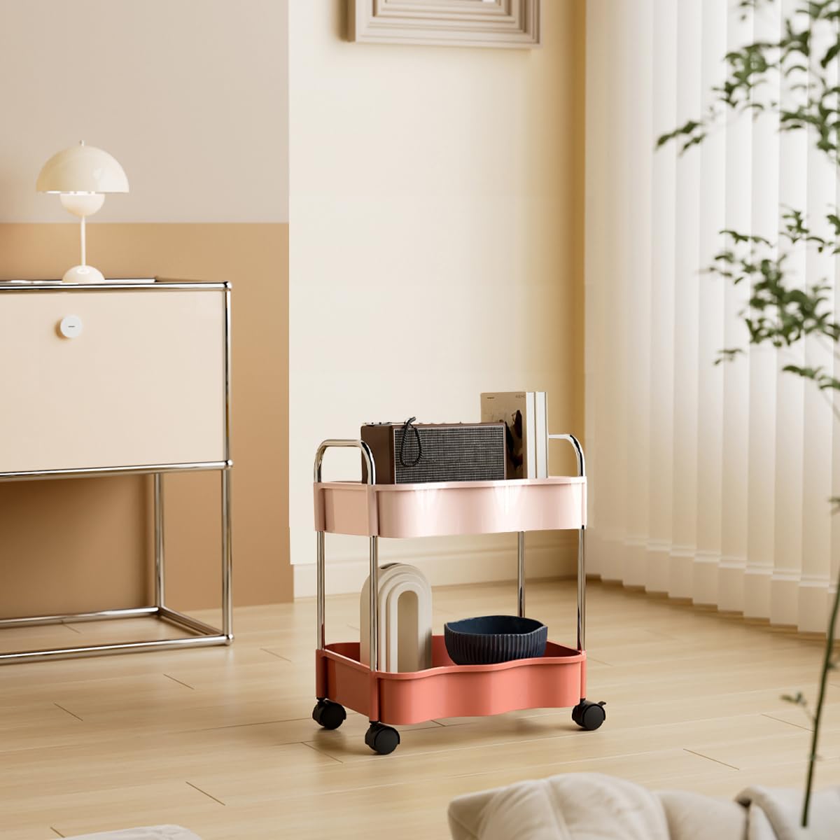 2 Tier Utility Rolling Cart with Wheels Under Desk Storage Cart Organizer with Handle for Home Kitchen Bathroom Office Organization Pink