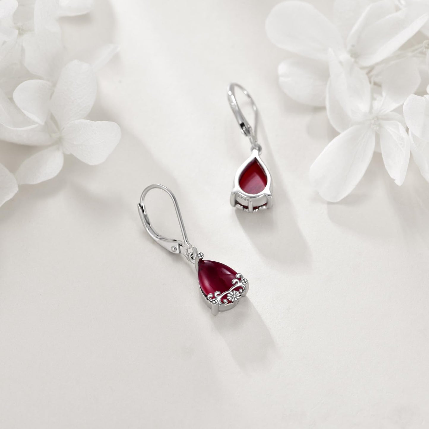 POPLYKE Garnet Filigree Teardrop Drop Dangle Earrings Sterling Silver Red Gemstone Leverback Earrings Jewelry for Women