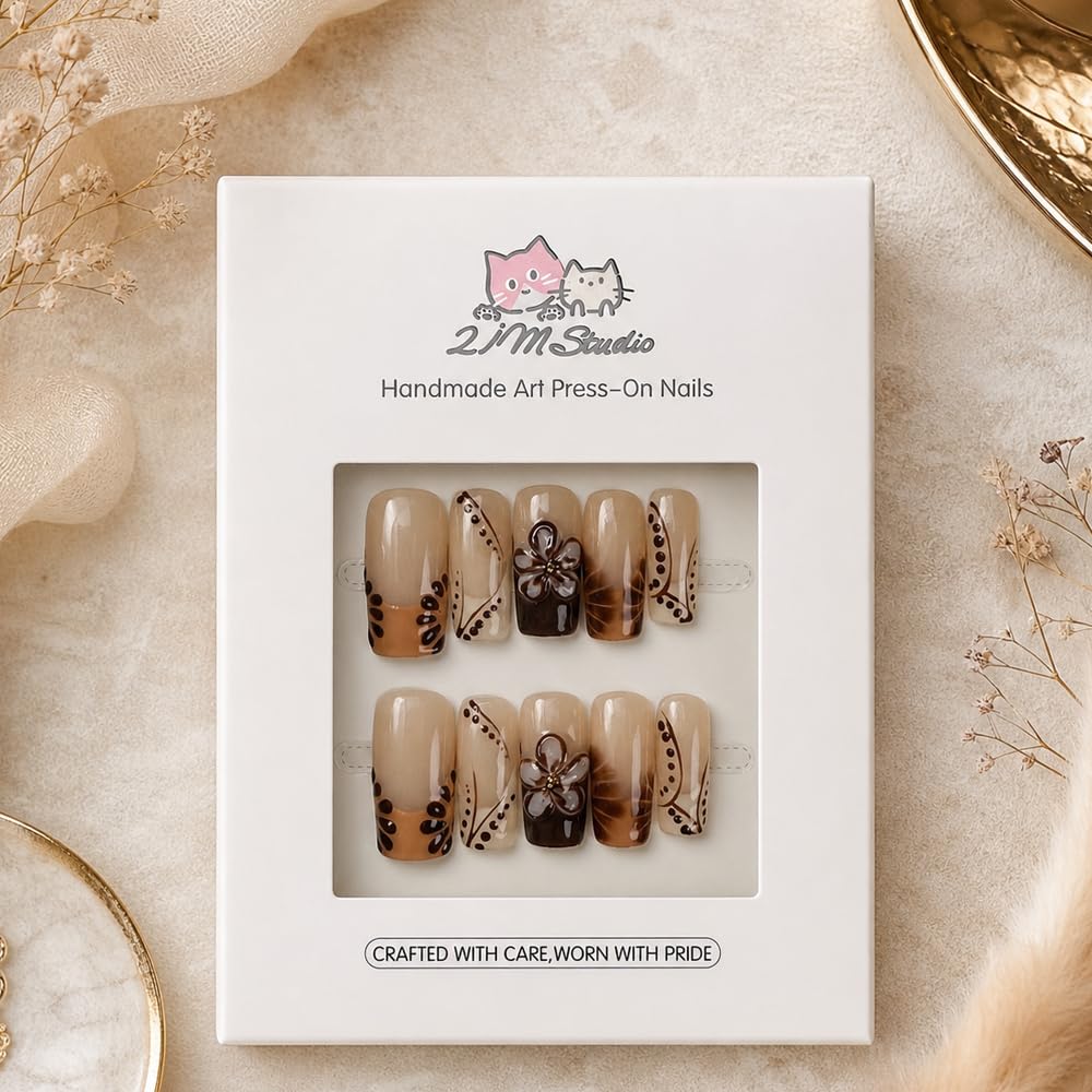 2IM Studio Handmade Press On Nails – 10 Piece Soft Gel Nail Kit with Glue & Tool Set, Reusable Artisan Nails, Salon-Quality Finish (Caramel Latte-M)