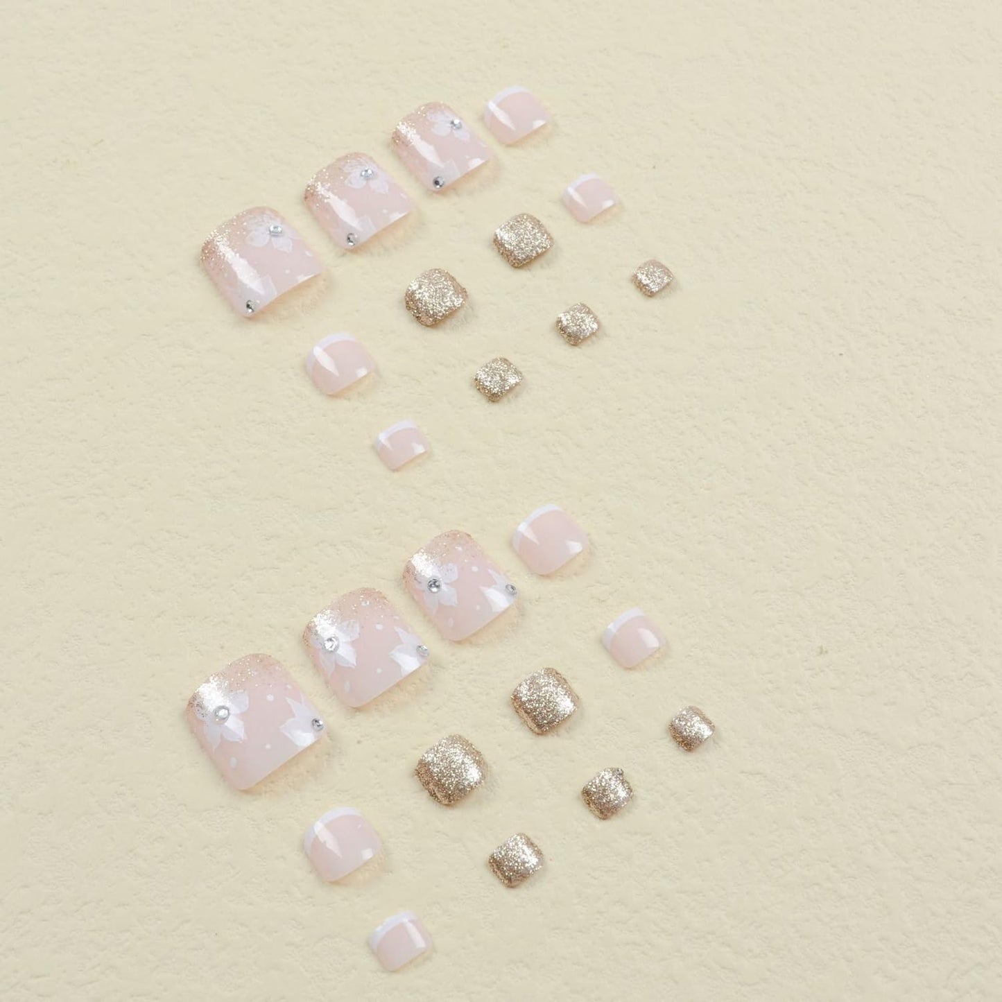 French Tip Press On Toe Nail for Women Fake Toenail with Flower Gold Glitter Rhinestones Designs Glossy Fashion False Toenail Full Cover Acrylic Nails Art DIY Foot Nail Design Toenail Tips 24Pcs
