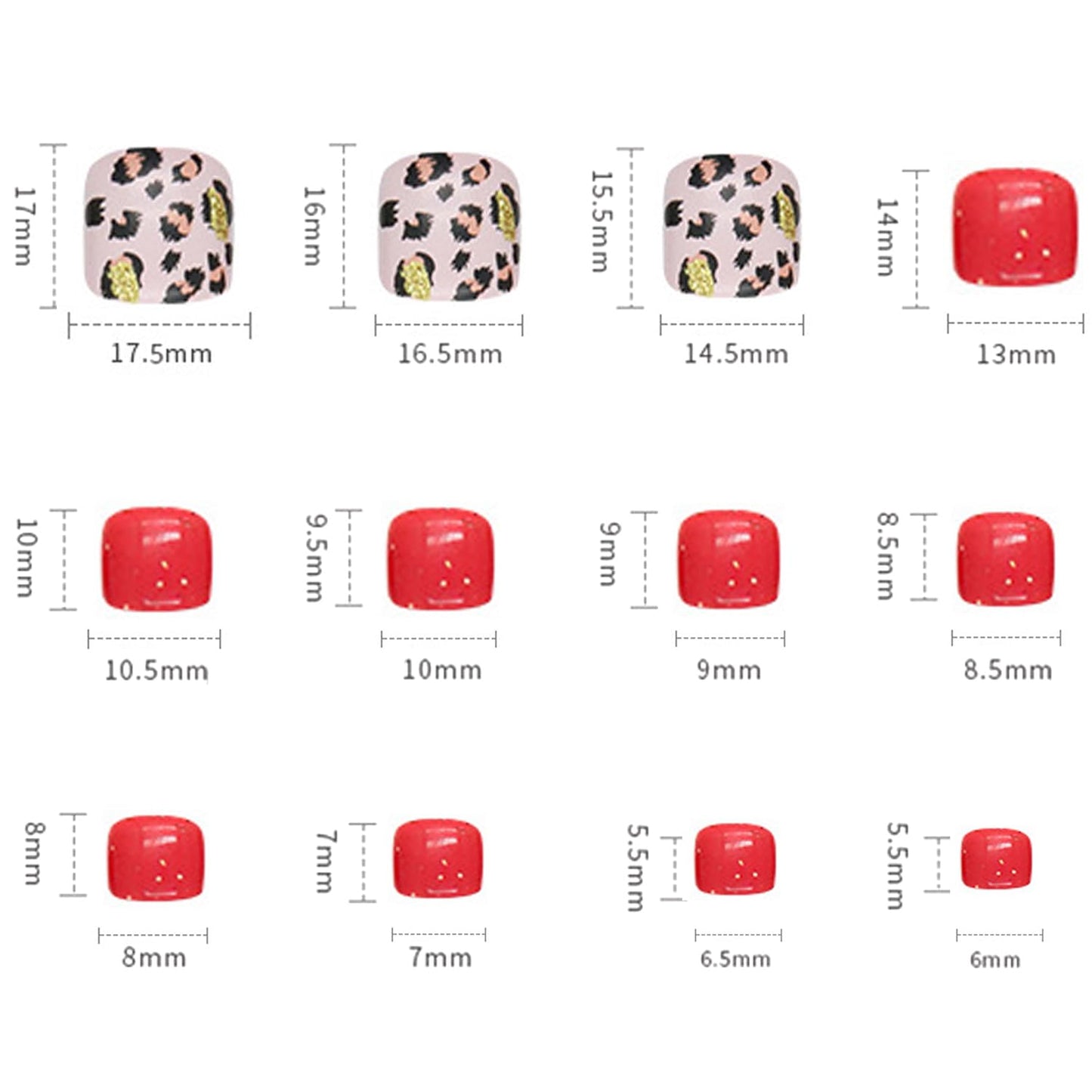 Red Press On Coffin Toenails With Leopard Designs, Full Cover Reusable False Nails With Adhesive Tab, Artificial Acrylic Fake Toe Nails, Glue On With Charm Stick On for Women