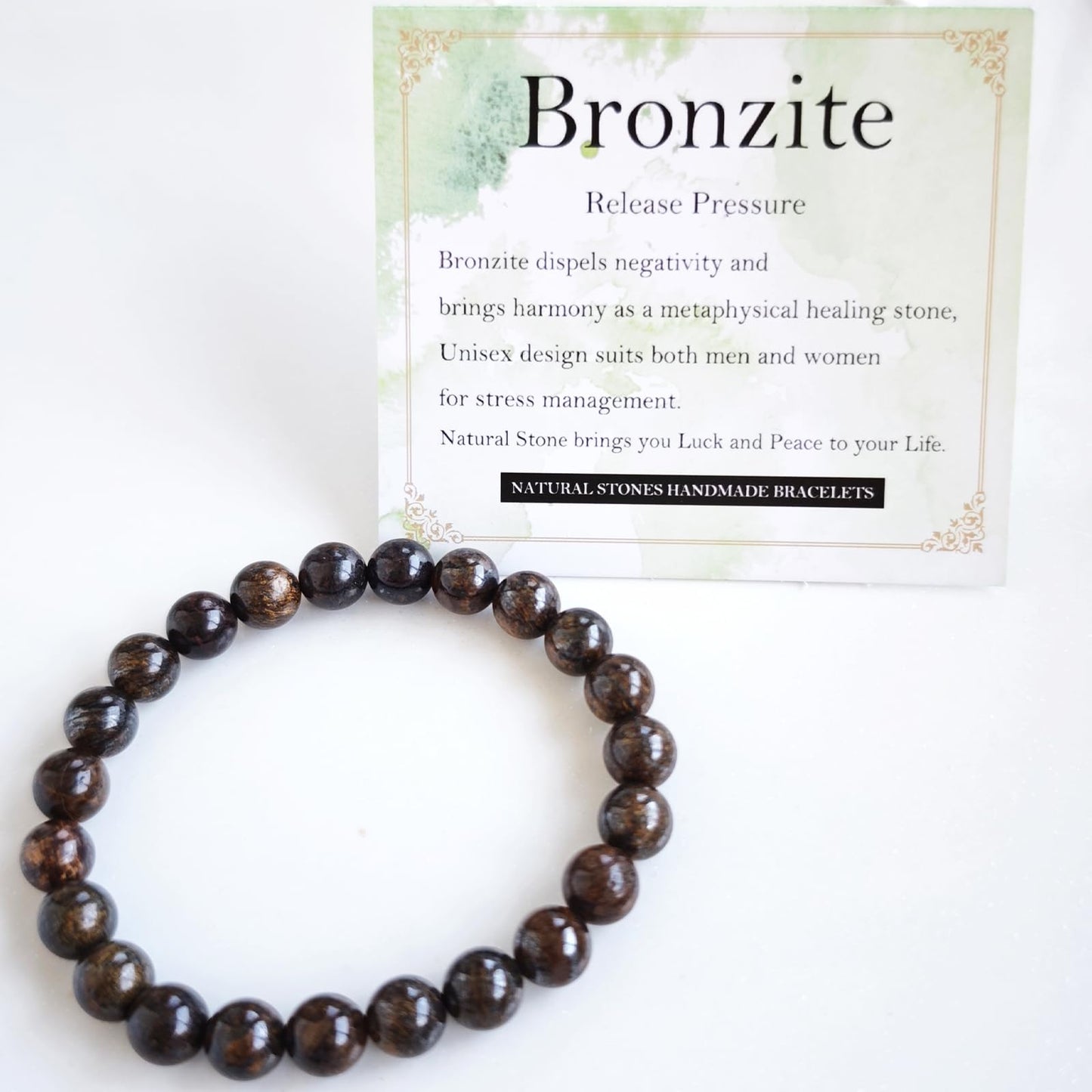 Handmade Natural Gemstone Elastic Bracelet - Healing Crystal Beads Jewelry, Unisex (Bronzite, 8mm)