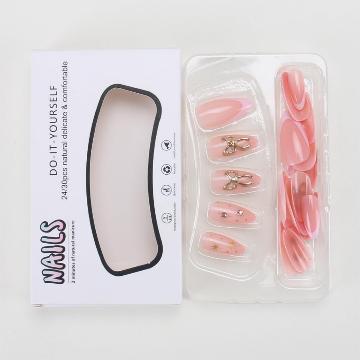 Pink French Tip Press on Nails Medium Almond, Star Diamond Fake Nails with Glue, 3D Gold Bow Stick on Nails Handmade Glossy False Nails for Women DIY Manicure Decoration, 24PCS