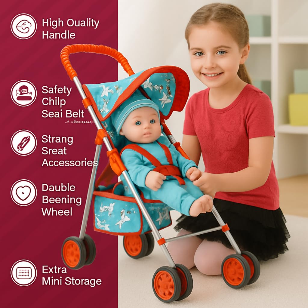 Fash n kolor® 4 Piece Doll Play Set, Doll Accessories Gift, Toy Set -Unicorn Design Includes, Doll Foldable Bed, Doll Stroller, Doll High Chair and Doll Seat, Dolls Gift Set (4 Piece Set)