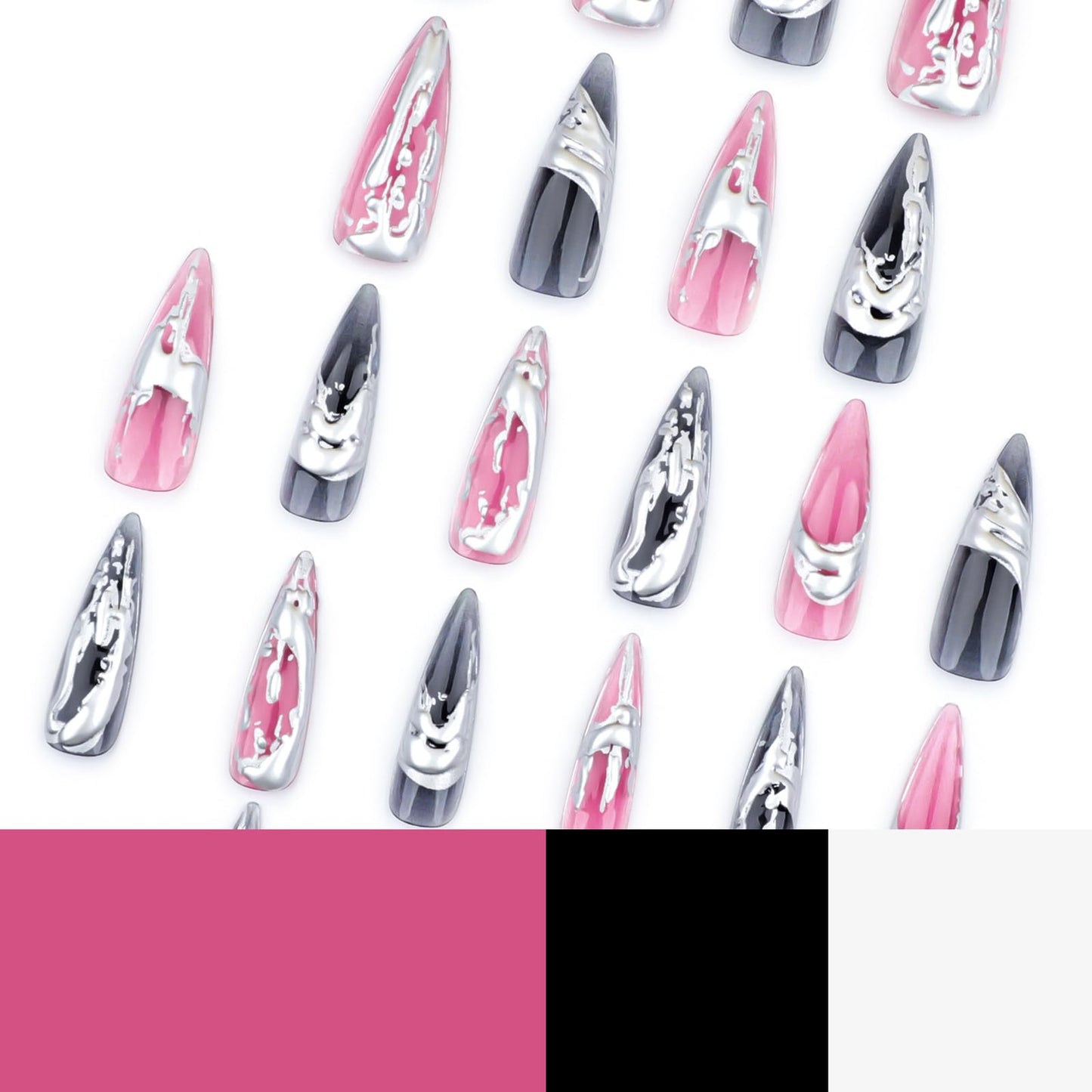 MISUD Press on Nails - Long Stiletto Glue on Nails with Goth Pink Black, Acrylic 3D Silver Chrome Design 24 pcs