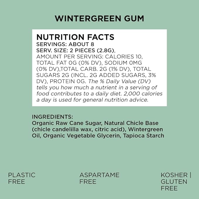 SIMPLY Gum Wintergreen, Plastic-Free Natural Chewing Gum, 6 Pack (90 Pieces) | Vegan, Kosher, Non GMO, Aspartame Free and Sorbitol Free