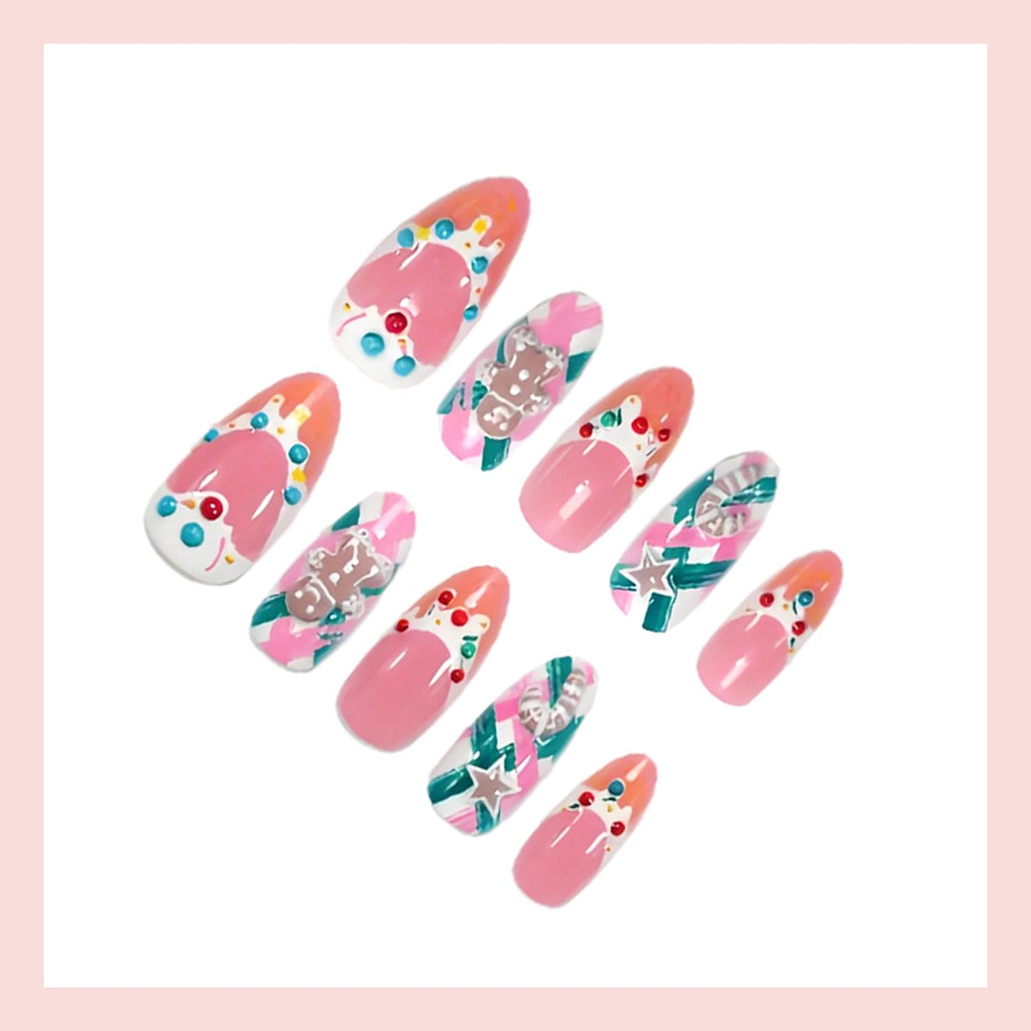 Christmas Press on Nails Medium Almond Fake Nails Cute Gingerbread Man Candy False Nails Gold Glitter French Tip Glue on Nails with 3D Rhinestones Gold Beads Star Charms Designs for Women 30Pcs