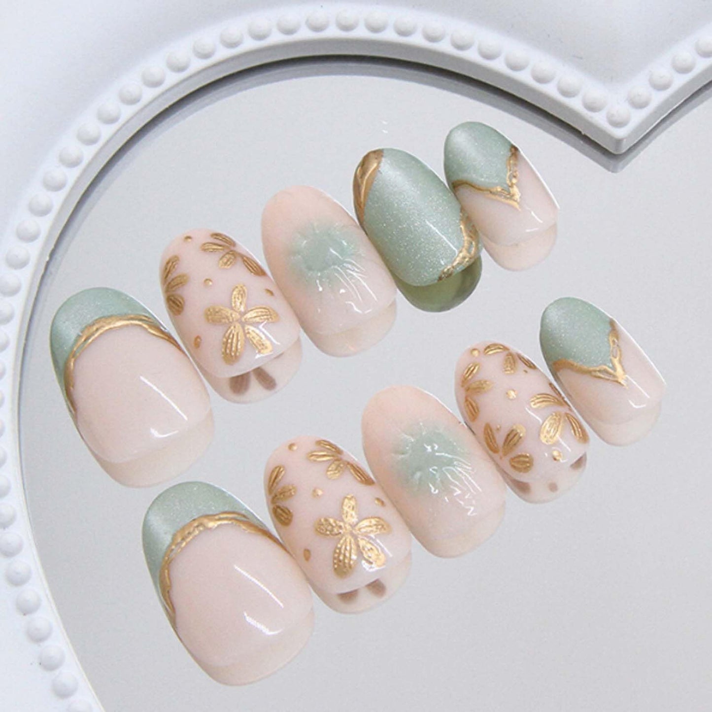 Hkanlre Almond Fake Nude Nails Tips Full Cover False Medium Nails Summer Flower Press on Nails for Women 24PCS