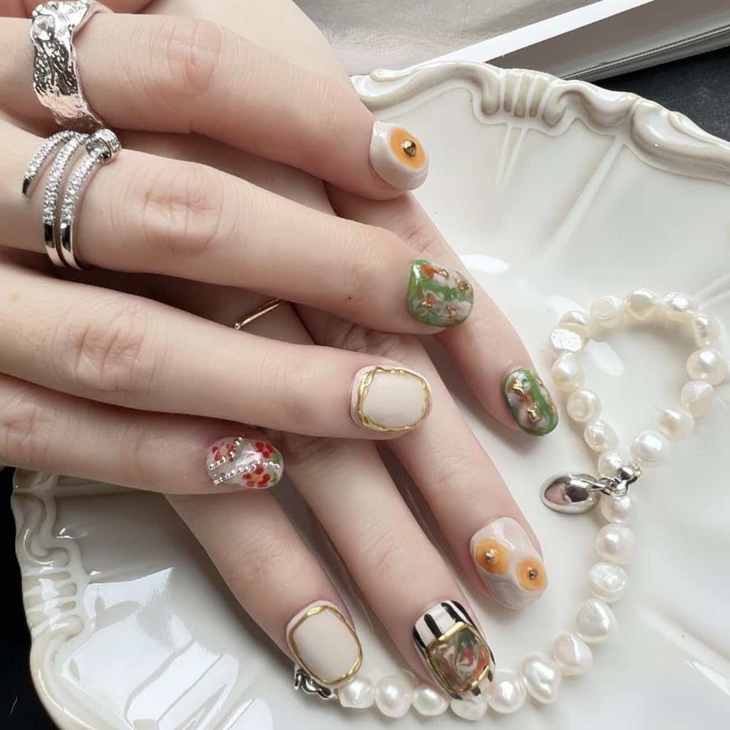 Fine Point Gallery Bloom Press On Nails, 10pcs Short Squoval for Hands, Handmade Floral & Stripe Mix with Gold Frame Accents, Reusable Glue On False Nails (Size Medium)