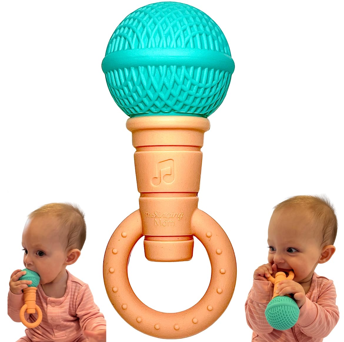Microphone-Shaped Silicone Baby Teether - BPA Free, with Rattle, Musical/Singing Toy, Dishwasher & Freezer Safe, Easy-to-Grip Teething Shaker Toy for Newborns, Infants, Toddlers. (Teal Peach)