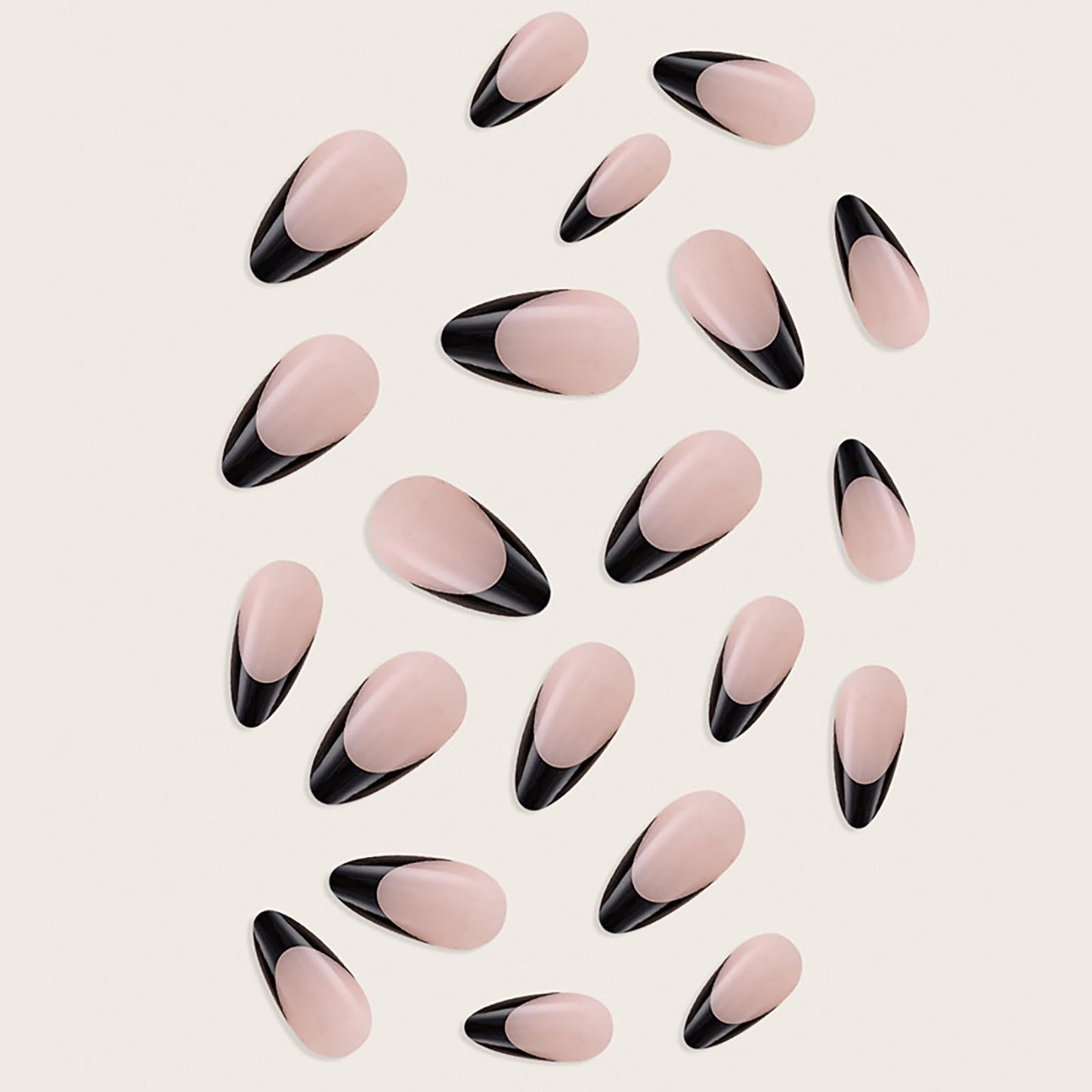 SINHOT French Tip Press on Nails Almond Fake Nails Glossy Glue on Nails Medium Natural Stiletto Acrylic Nails Manicure Black False Nails with Designs 24 pcs