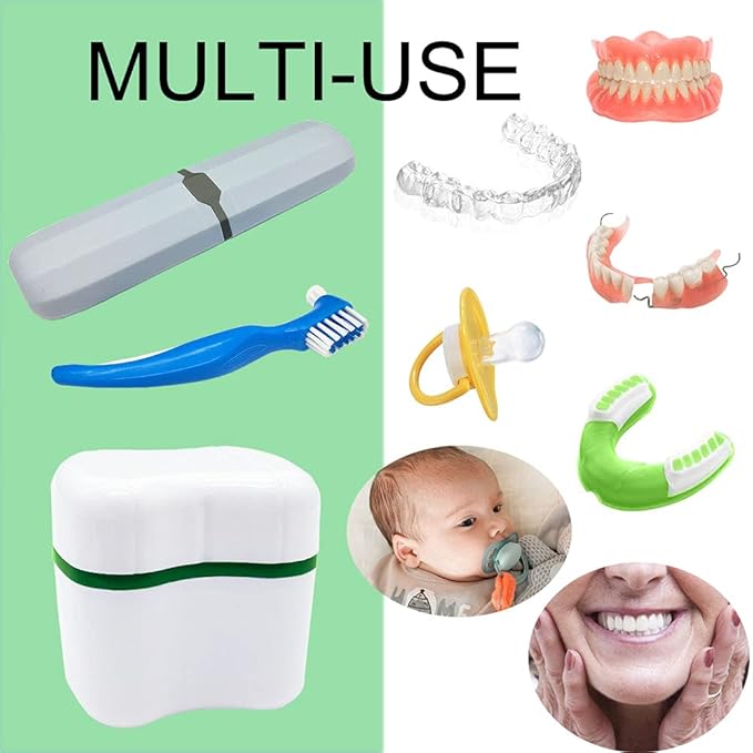 Denture Case Kit with 2 Bath Cups, 2 Brushes & 2 Portable Toothbrush Boxes, Retainer Cleaning Boxes with Lid