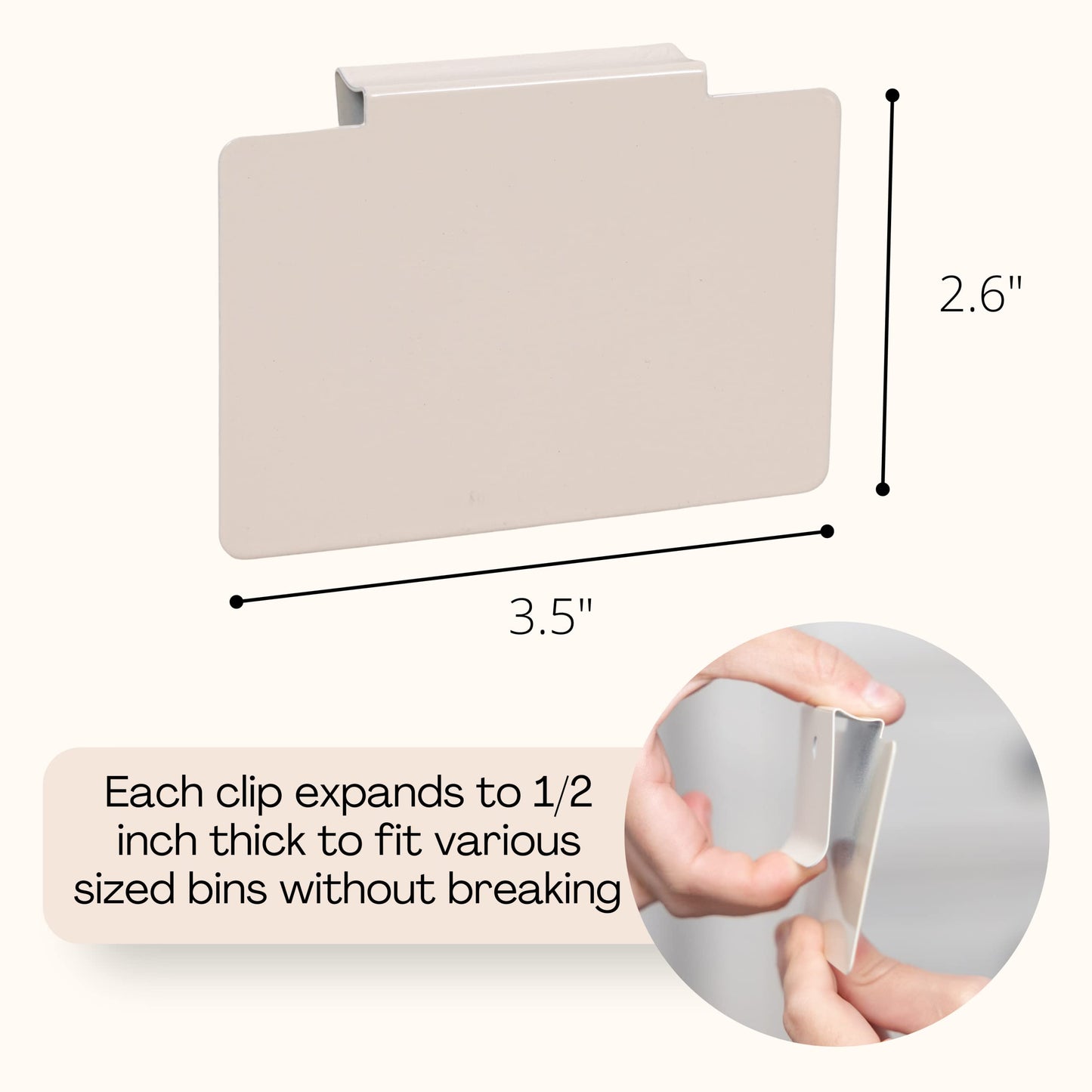 Hygge & Sage: Metal Non-Slip Basket Labels Clip On for Storage Bins, or Wire Racks | Includes 8 Labels, 8 Non-Slip Pads, and 1 Free Marker (Cream)