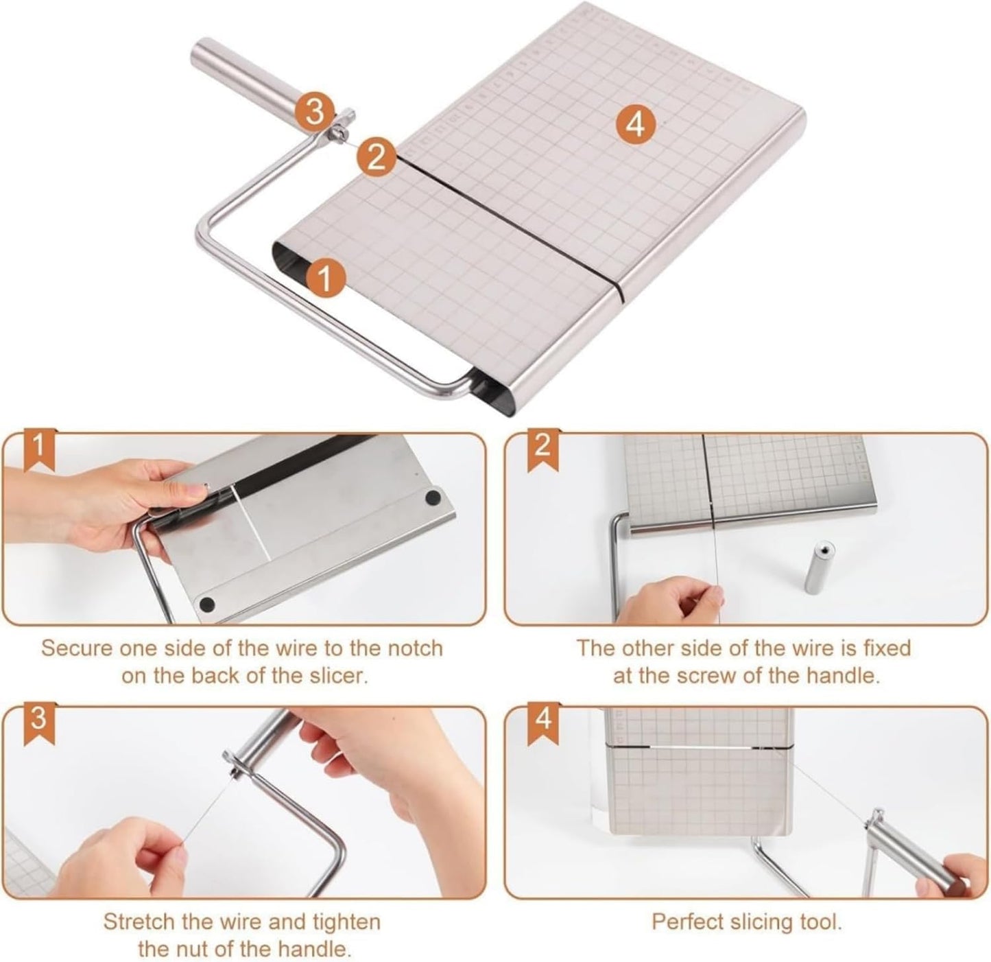 Direvcdro Stainless Steel Cheese Slicer with 5 Replacement Wires Adjustable Cheese Cutter and Cutting Board - For Block Cheese with Precision Scale for Gadget，Charcuterie etc