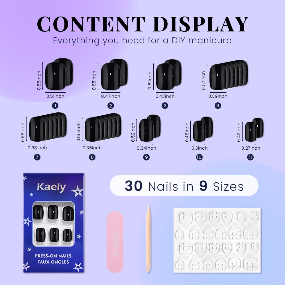 evpct Black Glossy Squoval Short Press on Nails for Women, Black Extra Short Squoval No Glue Stick on Nails with Kit, Reusable Full Cover Soft Press on Acrylic Fake Nail Salon-quality Perfectly Fit