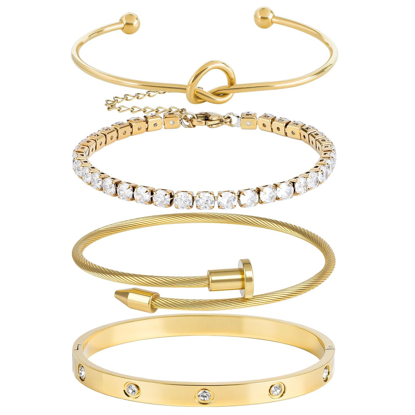18K Gold Plated Love Nail Bangle Bracelet Set, 4pcs Stackable Stainless Steel Bangles for Wife Mom Girlfriend Daughter