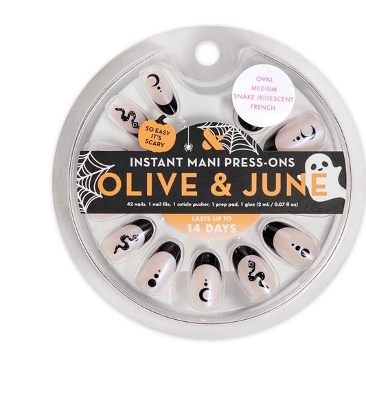 Olive & June Instant Mani Press-On Nails (Glue) | 42 Fake Nails, 21 Sizes | Non-Toxic, Long-Lasting Recycled Materials Realistic Look | Salon-Quality at Home | Medium, Oval | Snake Iridescent French